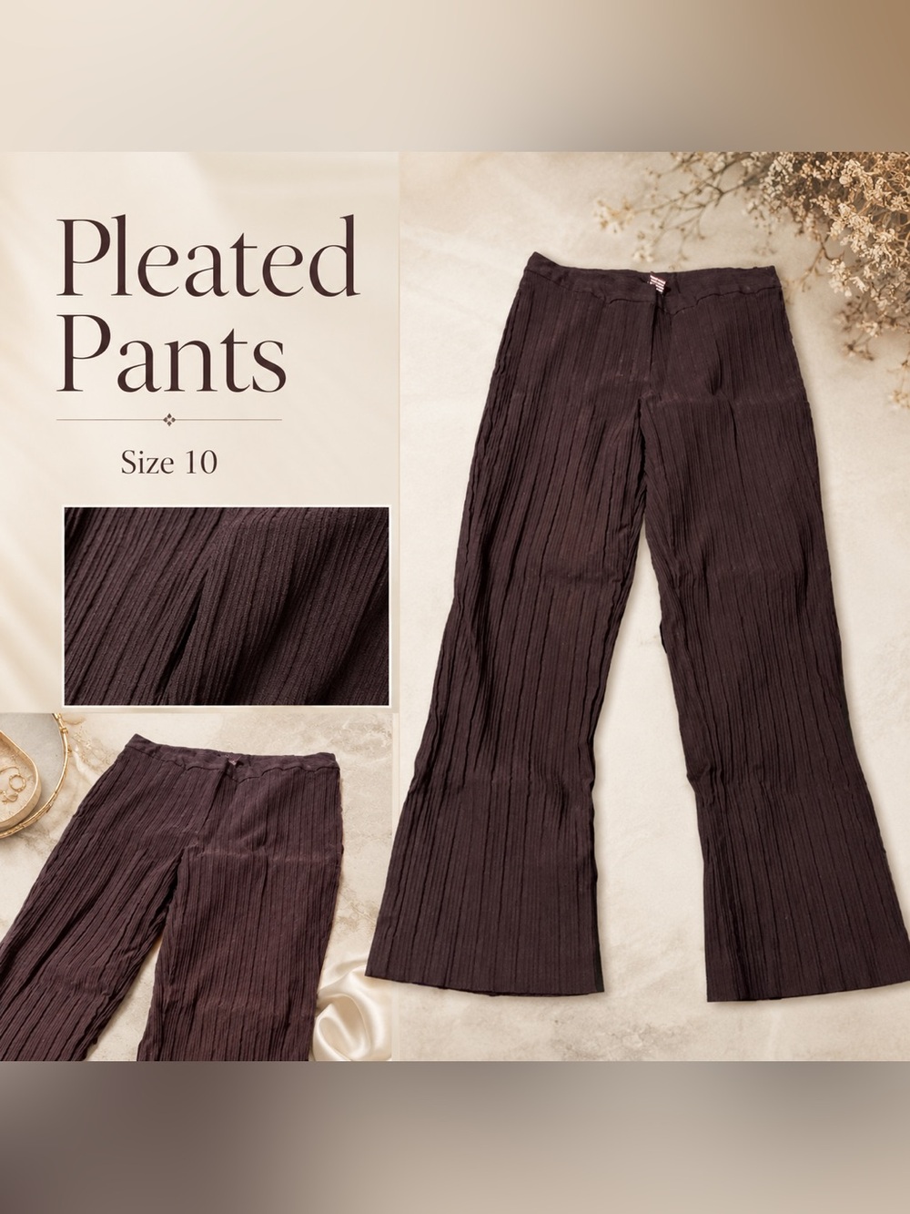 Pleated Wide-Leg Pants - Brown - Size 10